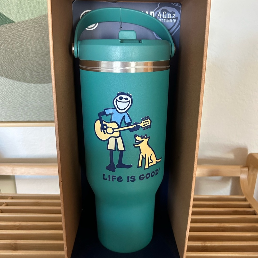 Life is good 40 ounce guitar man & dog Double walled mug & strap - Picture 3 of 11